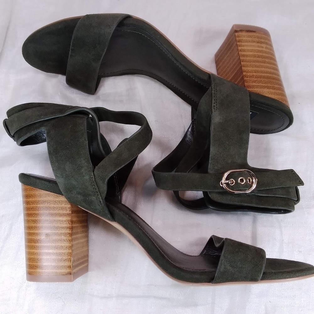 White House Black Market Marlo Olive Suede SANDALS Womens Size 6.5M Chunky Heels - Picture 4 of 12